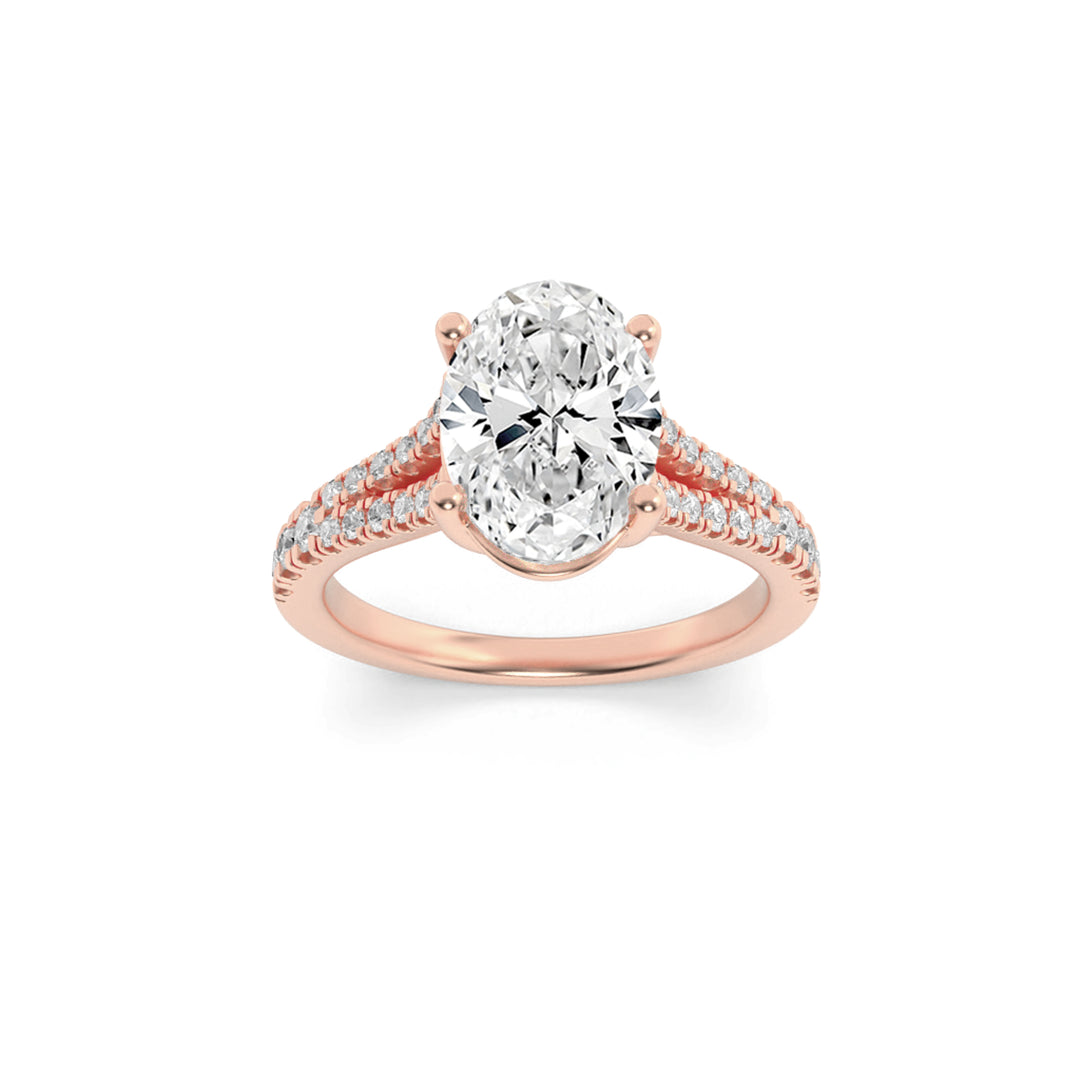 2CTW Oval Shaped Lab Grown Diamond (F/VS) Split Shank Trellis Engagement Ring in 14K Gold