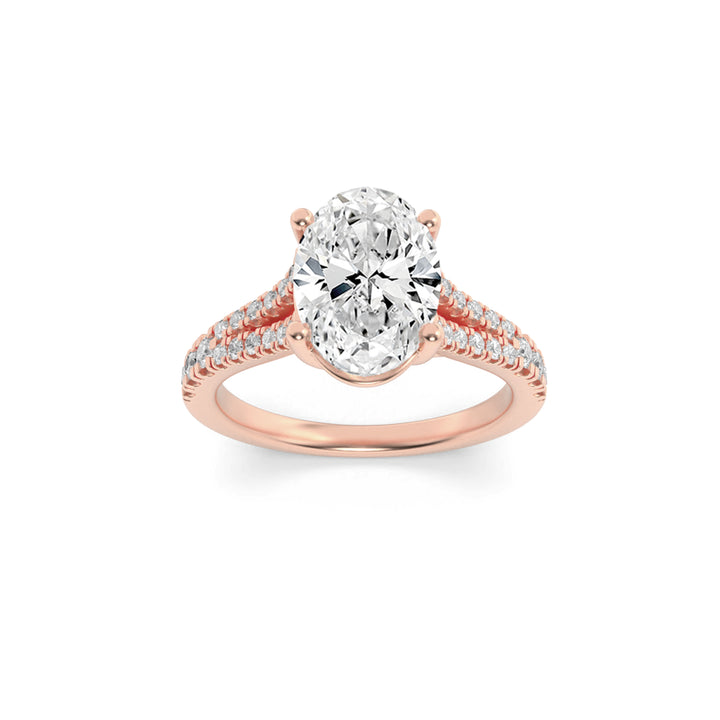 2CTW Oval Shaped Lab Grown Diamond (F/VS) Split Shank Trellis Engagement Ring in 14K Gold