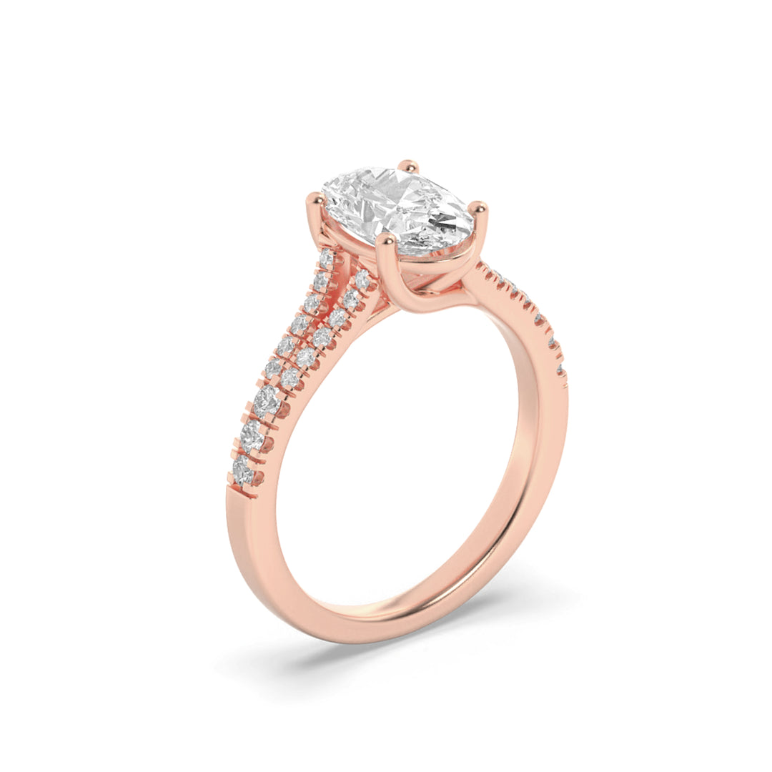 2CTW Oval Shaped Lab Grown Diamond (F/VS) Split Shank Trellis Engagement Ring in 14K Gold