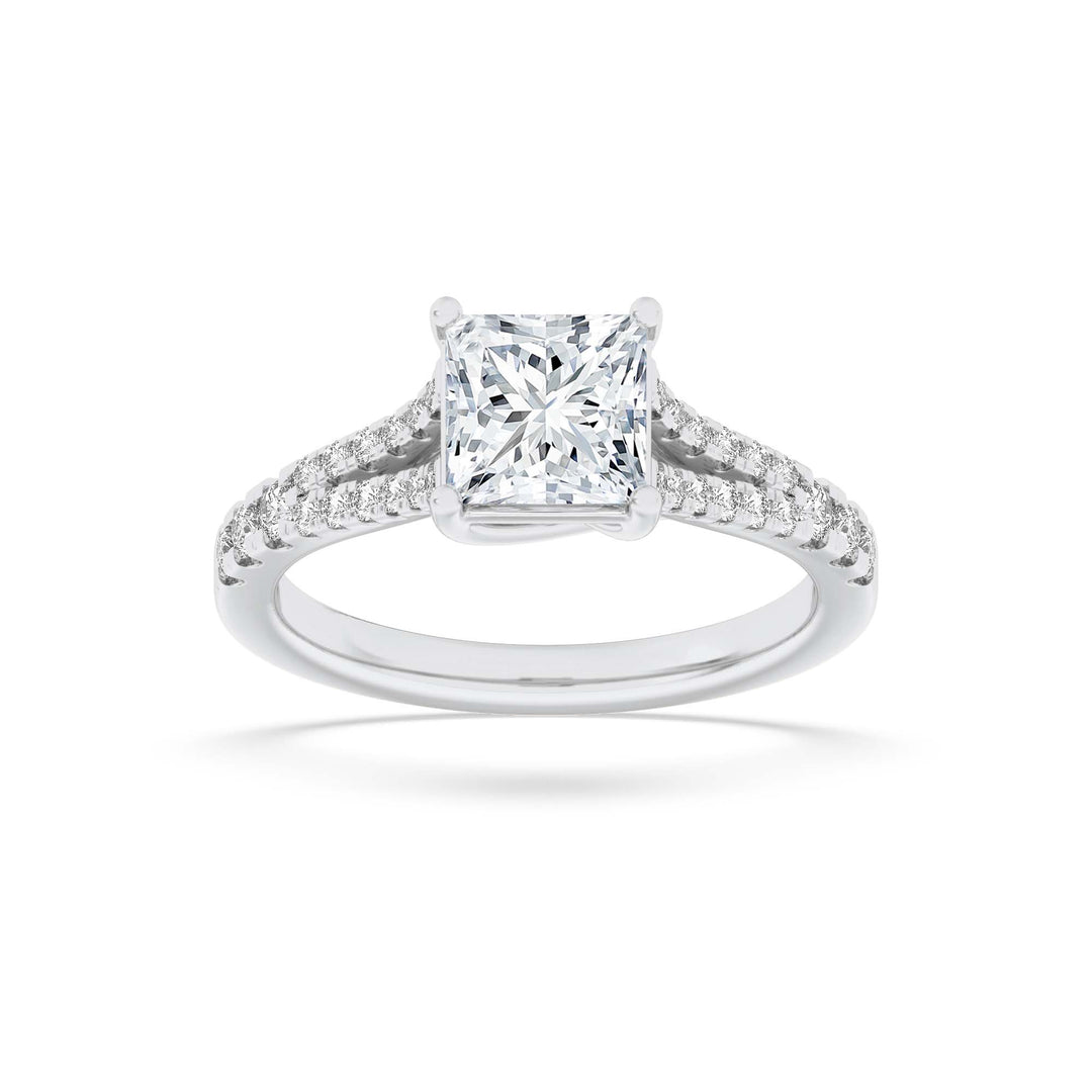 2CTW Princess Shaped Lab Grown Diamond (F/VS) Split Shank Trellis Engagement Ring in 14K Gold