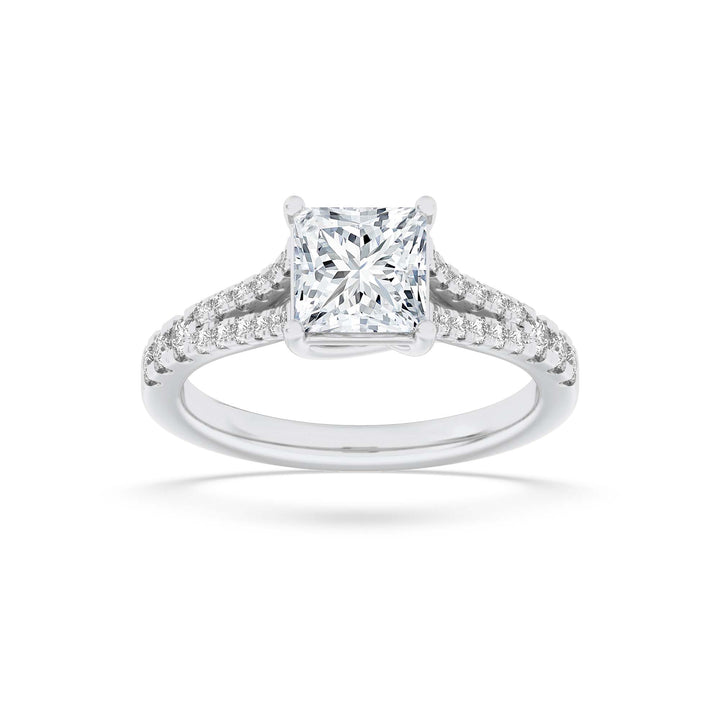 2CTW Princess Shaped Lab Grown Diamond (F/VS) Split Shank Trellis Engagement Ring in 14K Gold