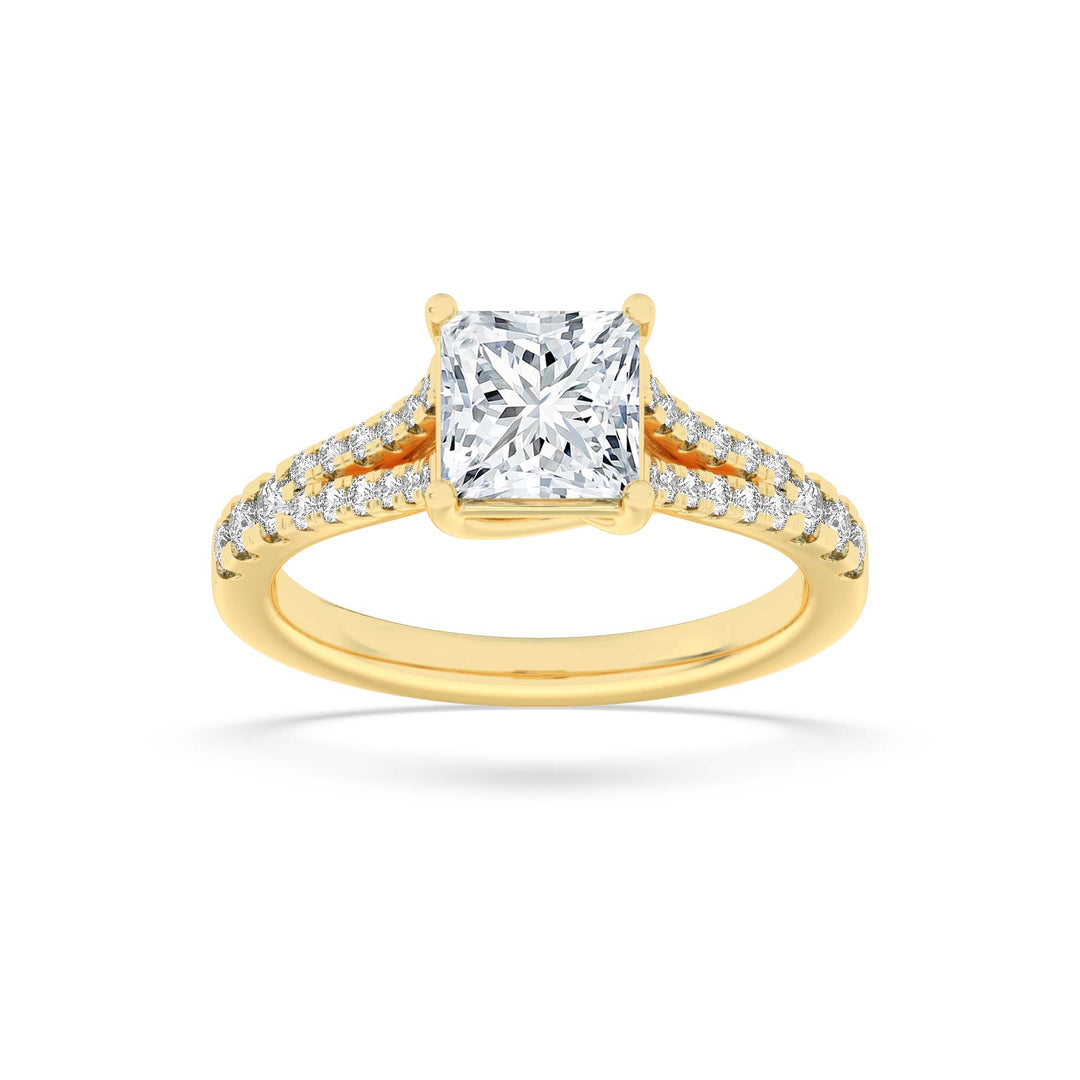 2CTW Princess Shaped Lab Grown Diamond (F/VS) Split Shank Trellis Engagement Ring in 14K Gold