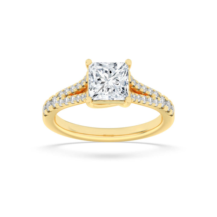 2CTW Princess Shaped Lab Grown Diamond (F/VS) Split Shank Trellis Engagement Ring in 14K Gold