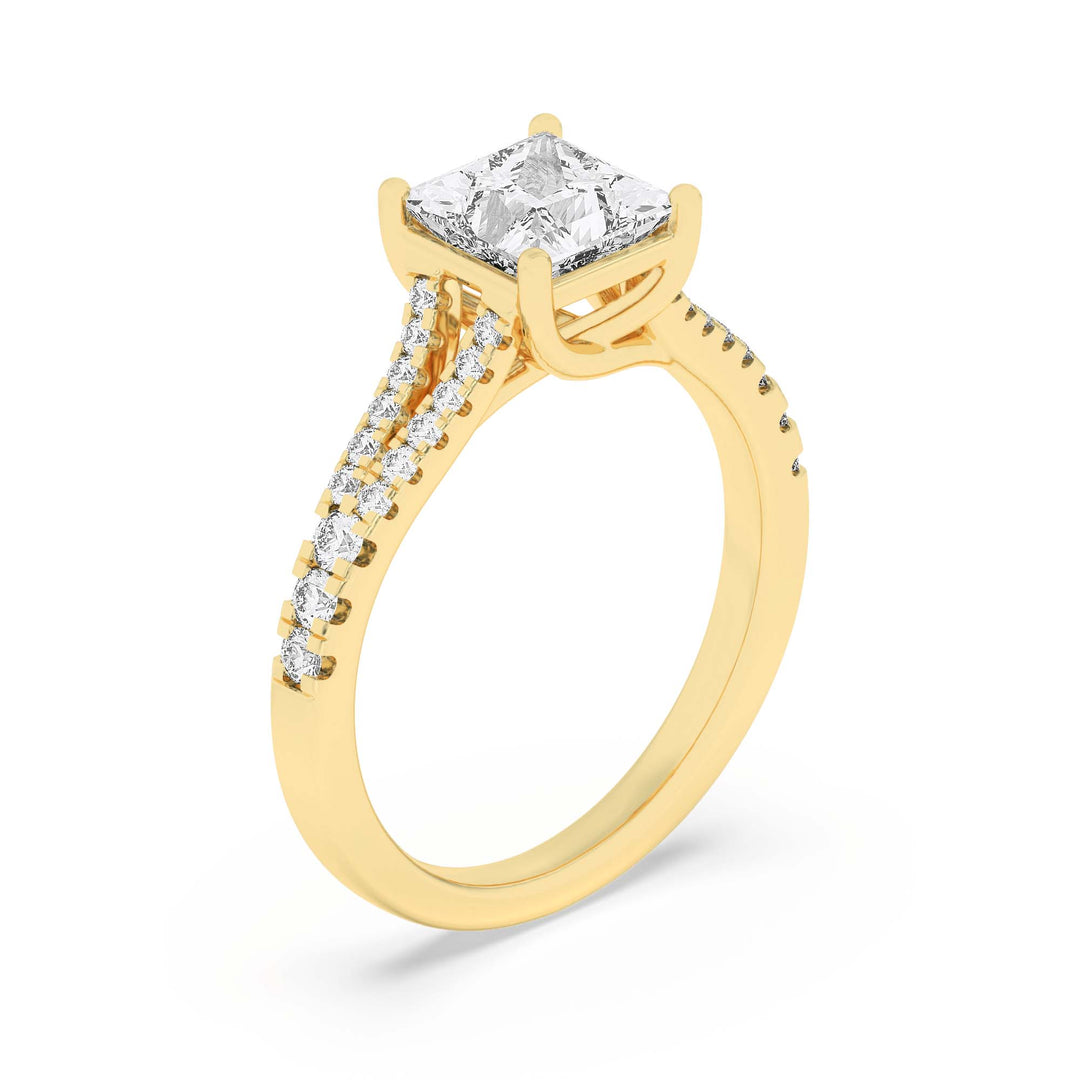 2CTW Princess Shaped Lab Grown Diamond (F/VS) Split Shank Trellis Engagement Ring in 14K Gold