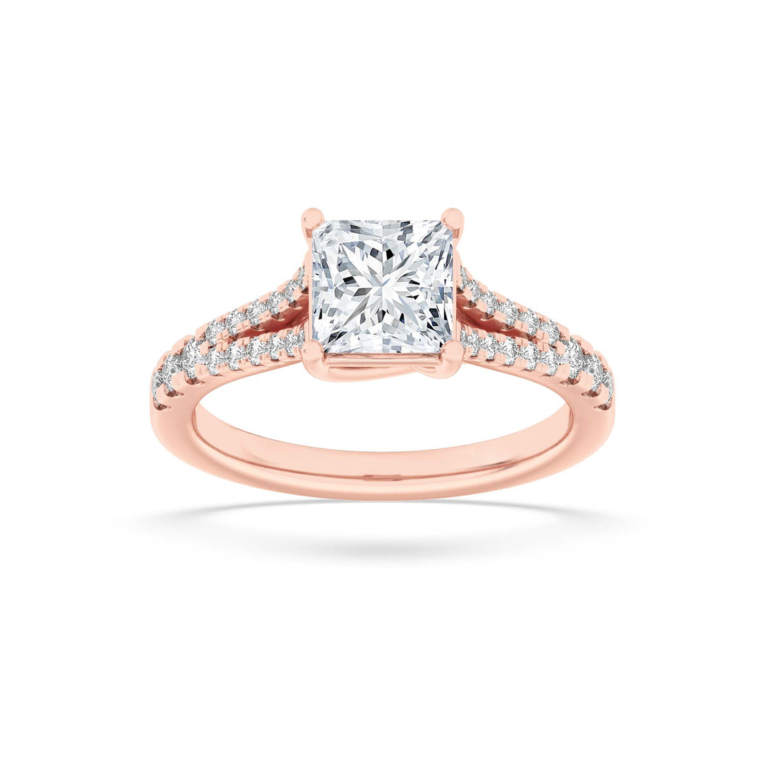 2CTW Princess Shaped Lab Grown Diamond (F/VS) Split Shank Trellis Engagement Ring in 14K Gold