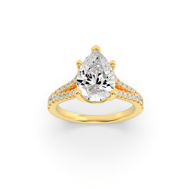 2CTW Pear Shaped Lab Grown Diamond (F/VS) Split Shank Trellis Engagement Ring in 14K Gold