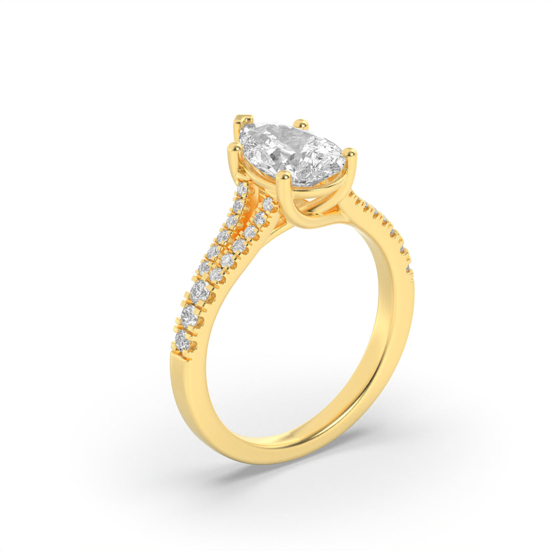 2CTW Pear Shaped Lab Grown Diamond (F/VS) Split Shank Trellis Engagement Ring in 14K Gold