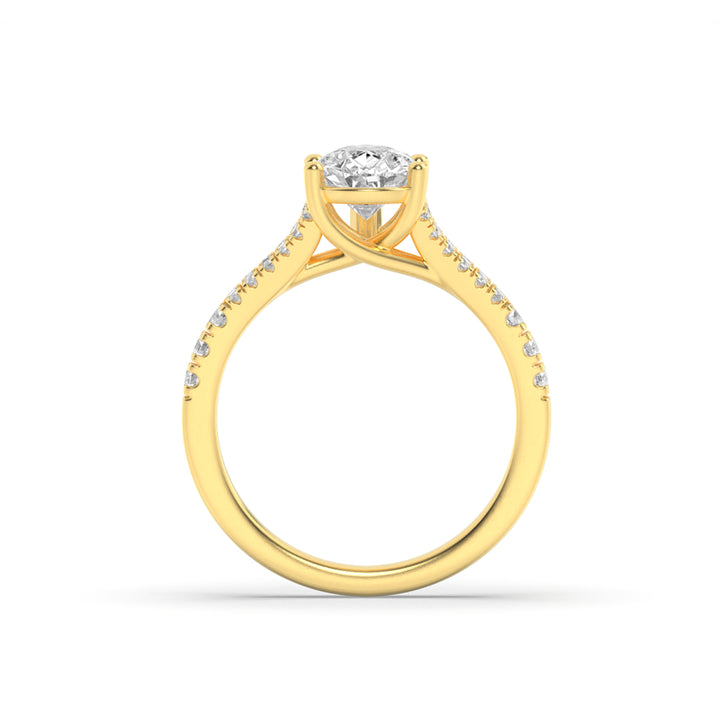 2CTW Pear Shaped Lab Grown Diamond (F/VS) Split Shank Trellis Engagement Ring in 14K Gold