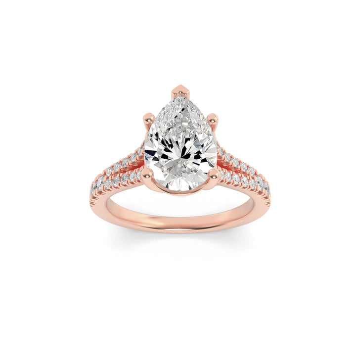 2CTW Pear Shaped Lab Grown Diamond (F/VS) Split Shank Trellis Engagement Ring in 14K Gold