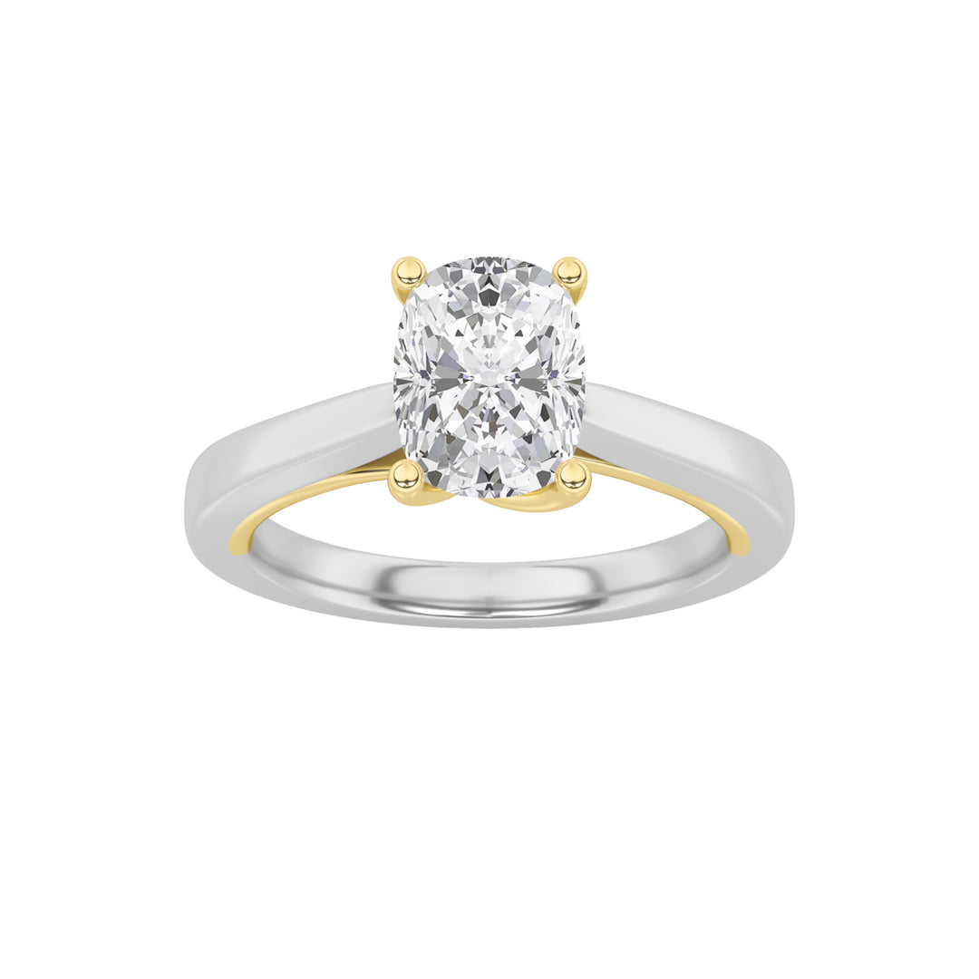 1CTW Elongated Cushion Shaped Lab Grown Diamond (F/VS) Two Tone Twisted Basket Cathedral Shank Solitaire Ring in 14K Gold