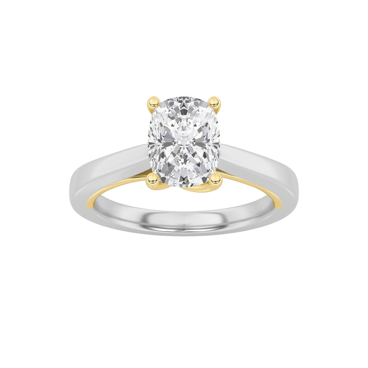 1CTW Elongated Cushion Shaped Lab Grown Diamond (F/VS) Two Tone Twisted Basket Cathedral Shank Solitaire Ring in 14K Gold