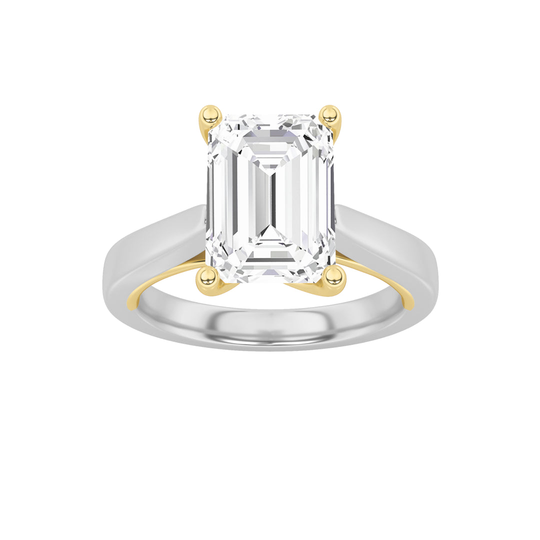 1CTW Emerald Shaped Lab Grown Diamond (F/VS) Two Tone Twisted Basket Cathedral Shank Solitaire Ring in 14K Gold