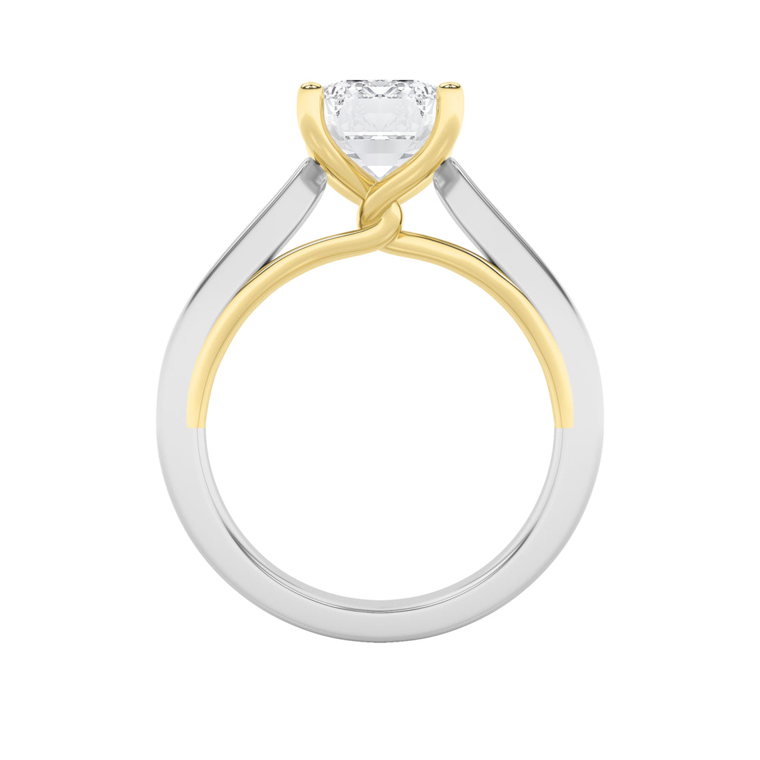 1CTW Emerald Shaped Lab Grown Diamond (F/VS) Two Tone Twisted Basket Cathedral Shank Solitaire Ring in 14K Gold