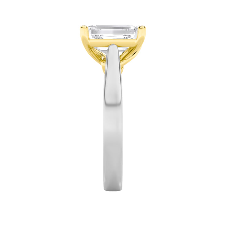 1CTW Emerald Shaped Lab Grown Diamond (F/VS) Two Tone Twisted Basket Cathedral Shank Solitaire Ring in 14K Gold