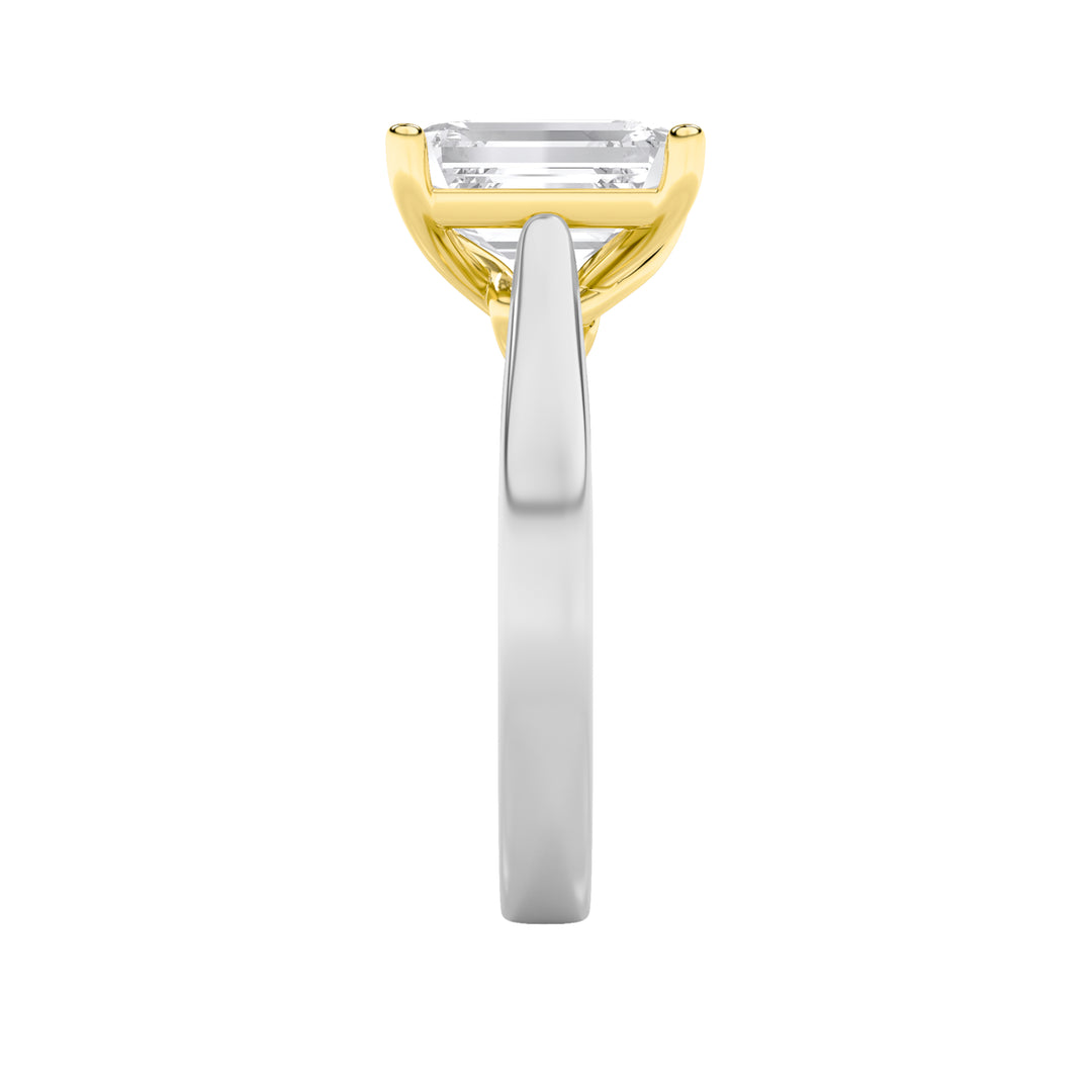 2Cttw Emerald Shaped Lab Grown Diamond (F/VS) TwoTone Twisted Basket Cathedral Shank Solitaire Ring in 14K Gold