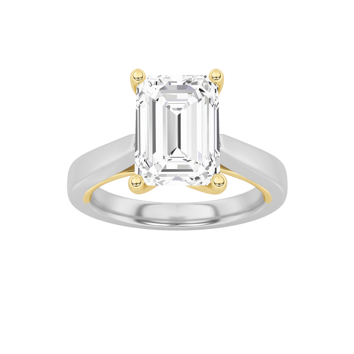 3Cttw Emerald Shaped Lab Grown Diamond (F/VS) TwoTone Twisted Basket Cathedral Shank Solitaire Ring in 14K Gold