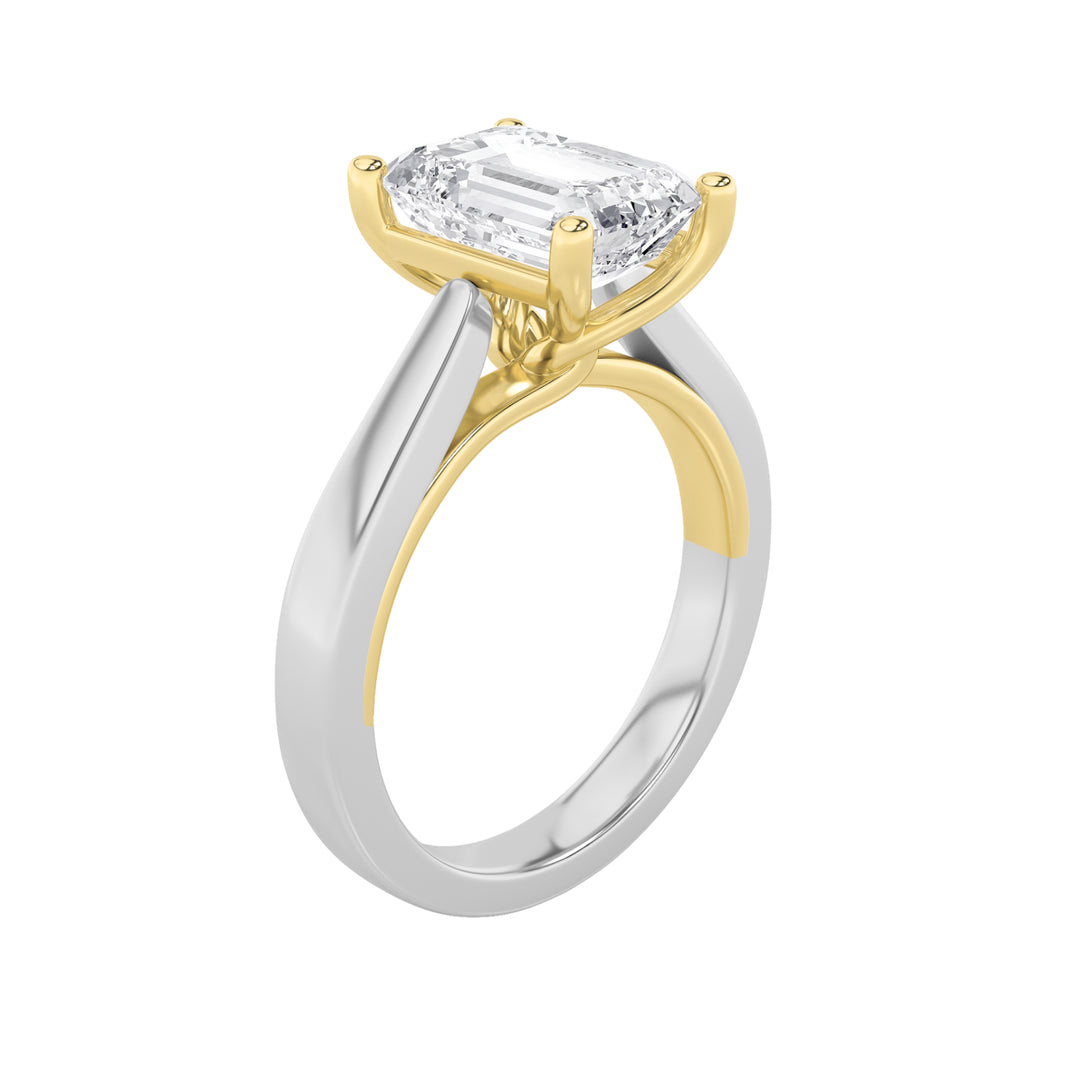 3Cttw Emerald Shaped Lab Grown Diamond (F/VS) TwoTone Twisted Basket Cathedral Shank Solitaire Ring in 14K Gold