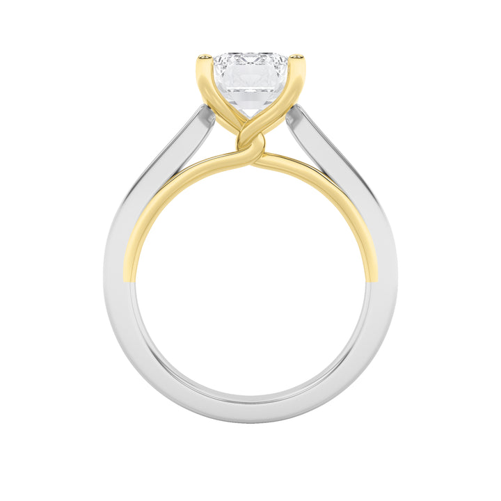 3Cttw Emerald Shaped Lab Grown Diamond (F/VS) TwoTone Twisted Basket Cathedral Shank Solitaire Ring in 14K Gold
