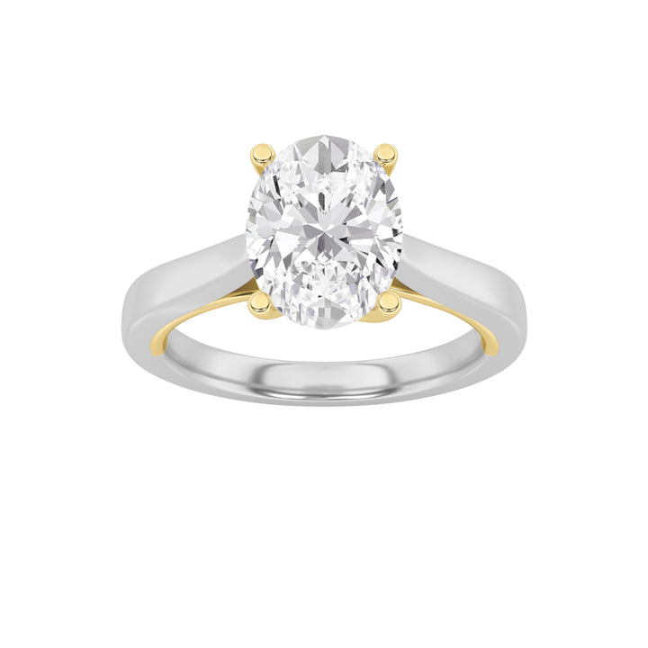 2Cttw Oval Shaped Lab Grown Diamond (F/VS) Two Tone Twisted Basket Cathedral Shank Solitaire Ring in 14K Gold