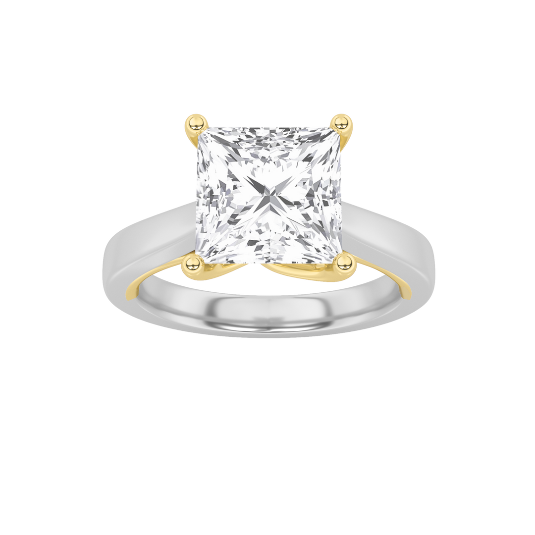 3Cttw Princess Shaped Lab Grown Diamond (F/VS) Two Tone Twisted Basket Cathedral Shank Solitaire Ring in 14K Gold
