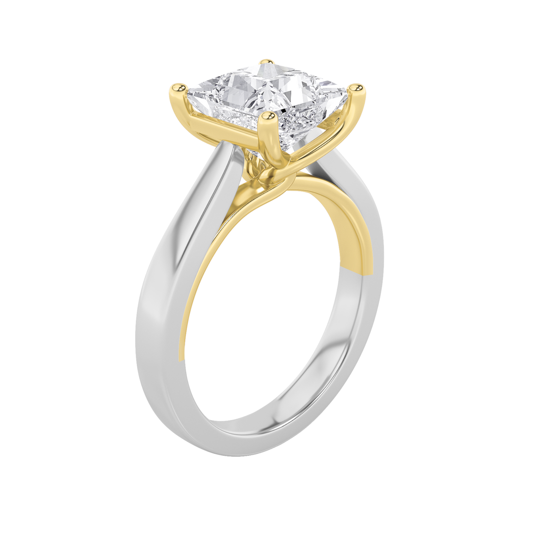 3Cttw Princess Shaped Lab Grown Diamond (F/VS) Two Tone Twisted Basket Cathedral Shank Solitaire Ring in 14K Gold
