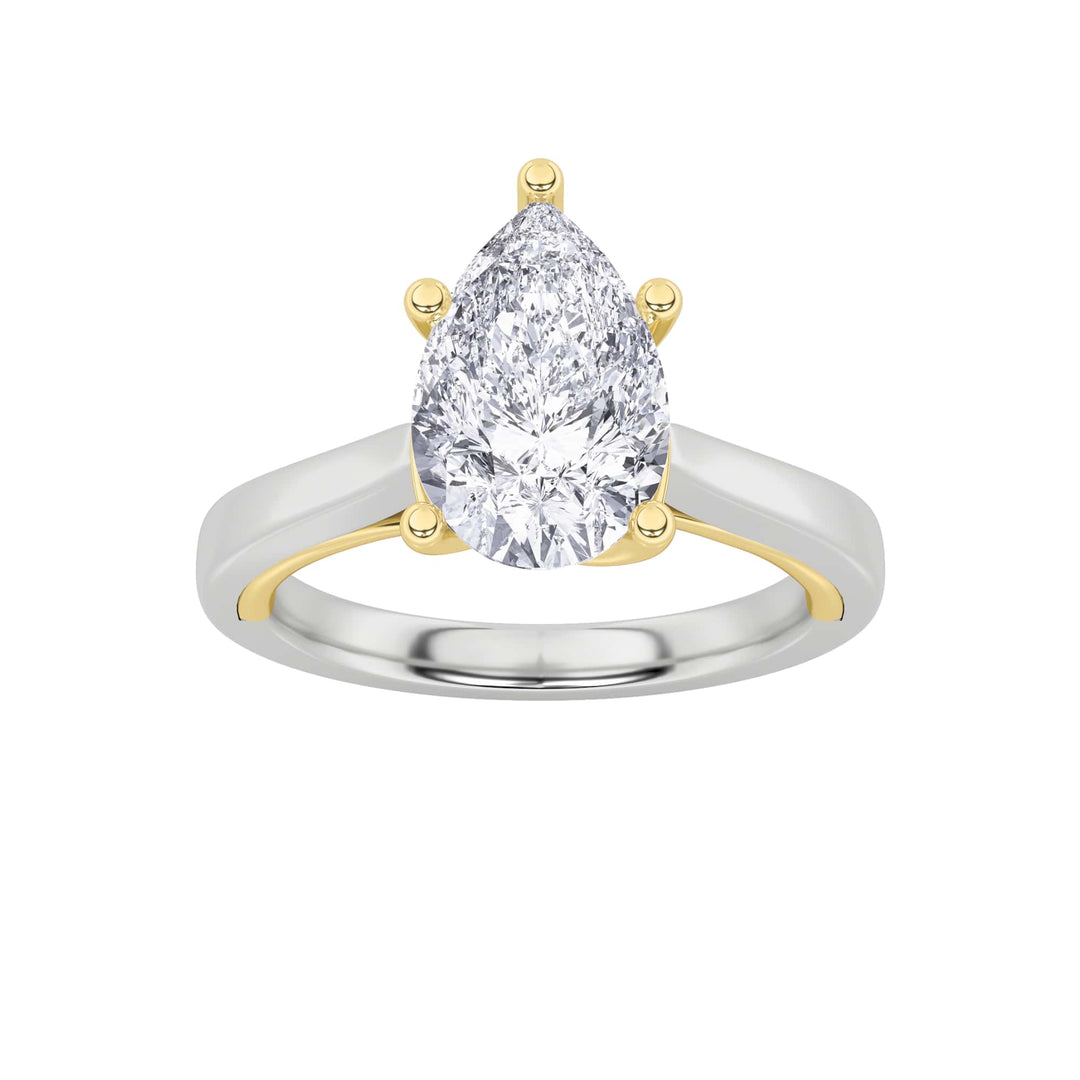 1CTW Pear Shaped Lab Grown Diamond (F/VS) Two Tone Twisted Basket Cathedral Shank Solitaire Ring in 14K Gold