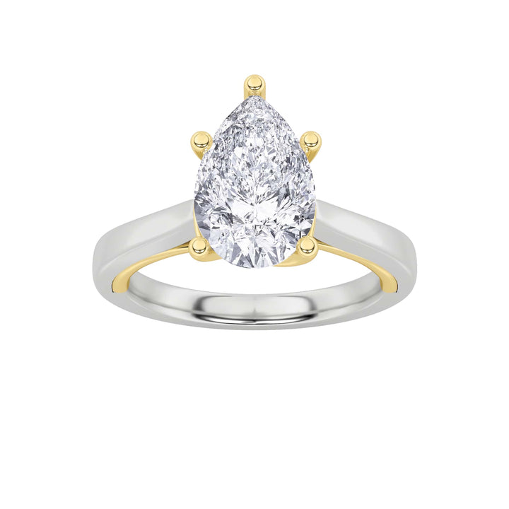 1CTW Pear Shaped Lab Grown Diamond (F/VS) Two Tone Twisted Basket Cathedral Shank Solitaire Ring in 14K Gold