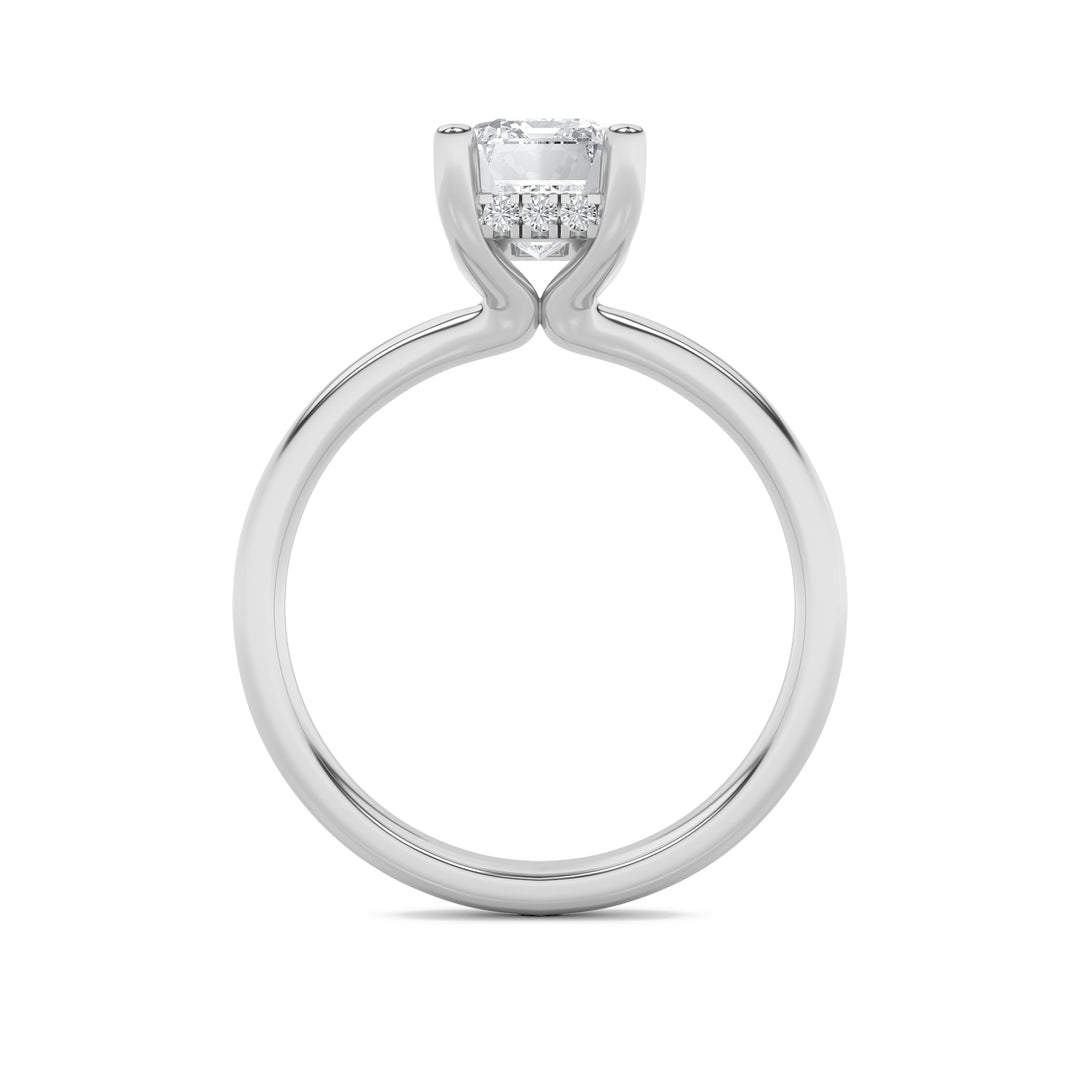 2CTW Emerald Shaped Lab Grown Diamond (F/VS) Hidden Halo Petite Shank Ring in 14K Gold