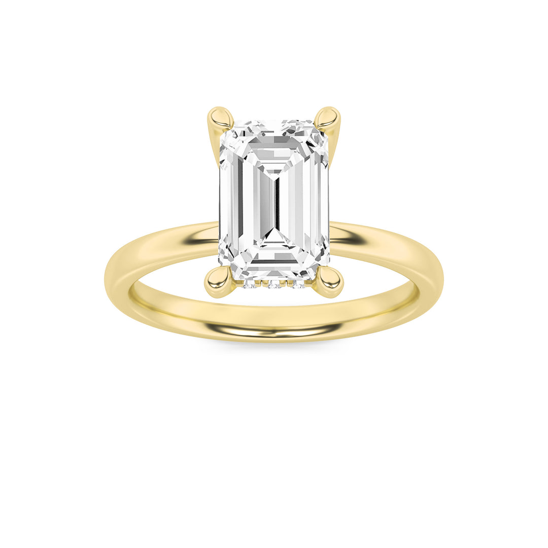 2CTW Emerald Shaped Lab Grown Diamond (F/VS) Hidden Halo Petite Shank Ring in 14K Gold