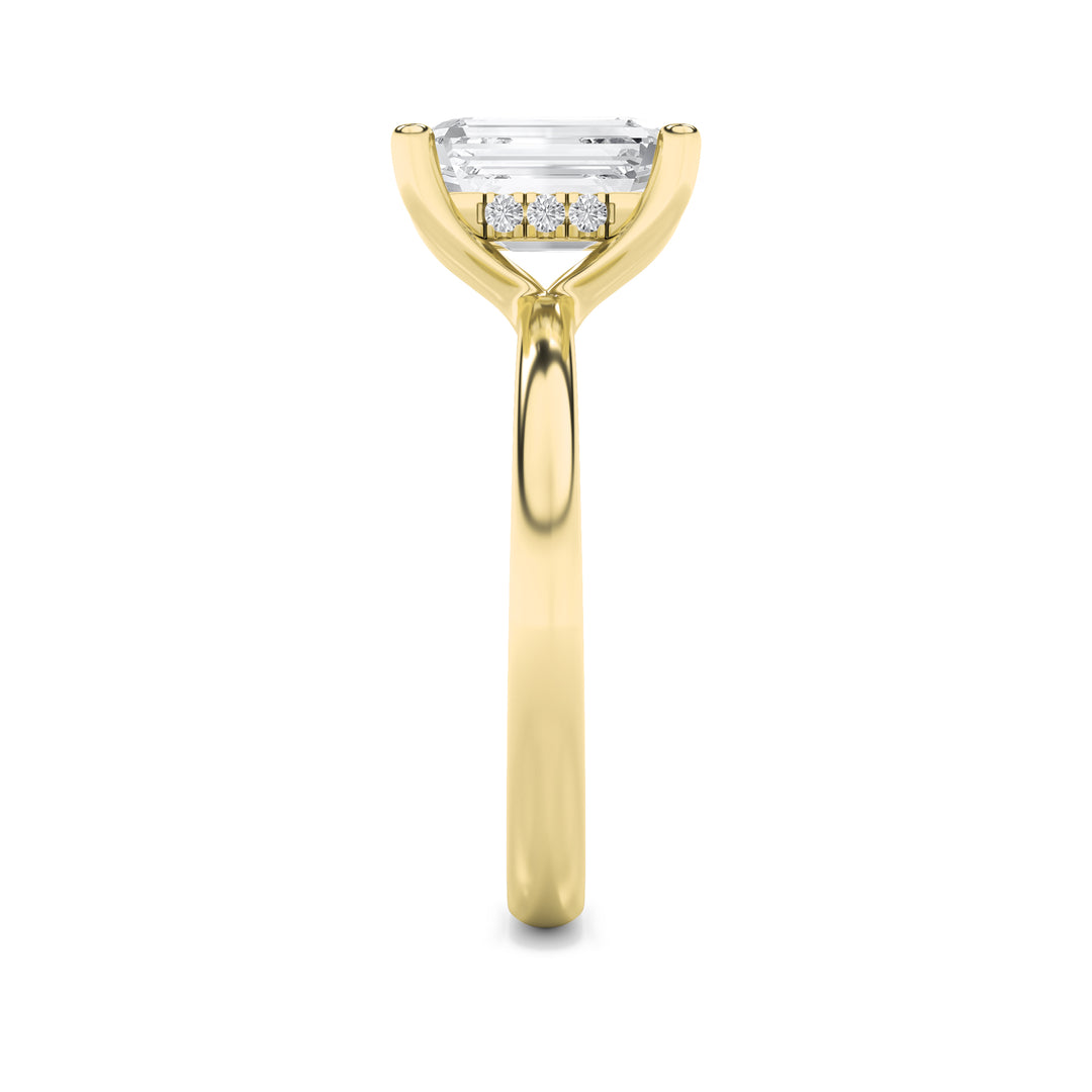 2CTW Emerald Shaped Lab Grown Diamond (F/VS) Hidden Halo Petite Shank Ring in 14K Gold