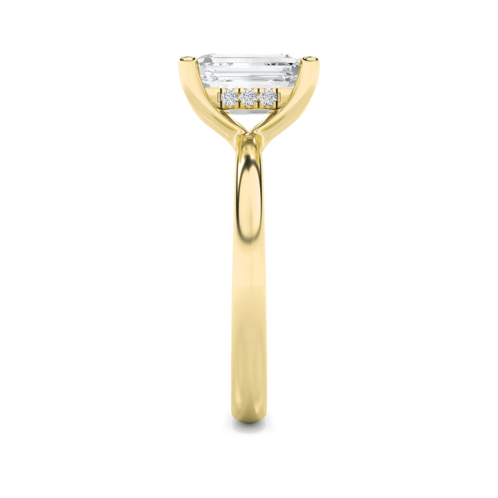 2CTW Emerald Shaped Lab Grown Diamond (F/VS) Hidden Halo Petite Shank Ring in 14K Gold