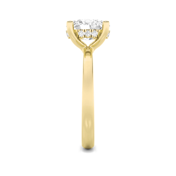 2CTW Oval Shaped Lab Grown Diamond (F/VS) Hidden Halo Petite Shank Ring in 14K Gold