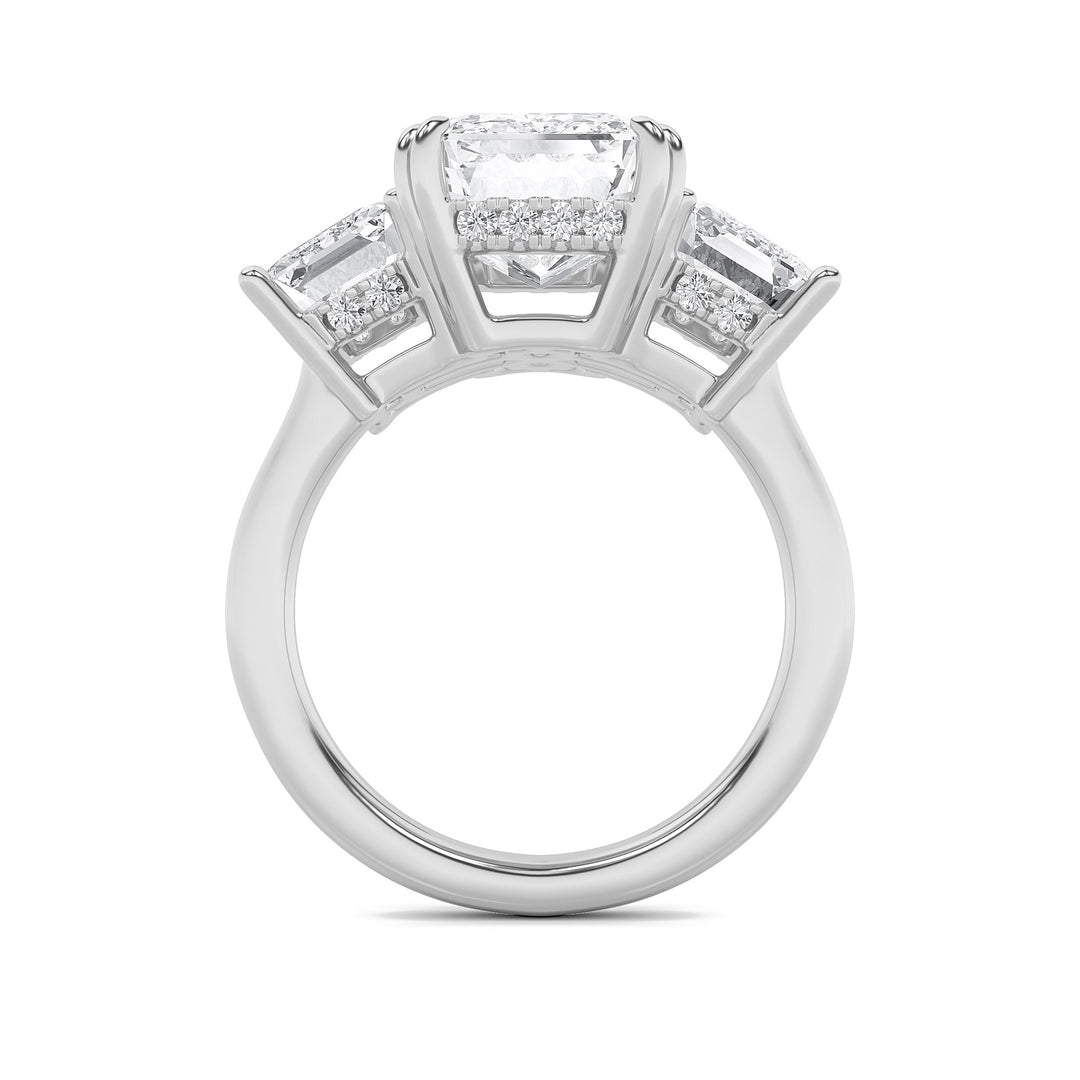 8.25Cttw Emerald Shaped Lab Grown Diamond (G/VS) Bold Three Stone Accented Ring in 14K Gold