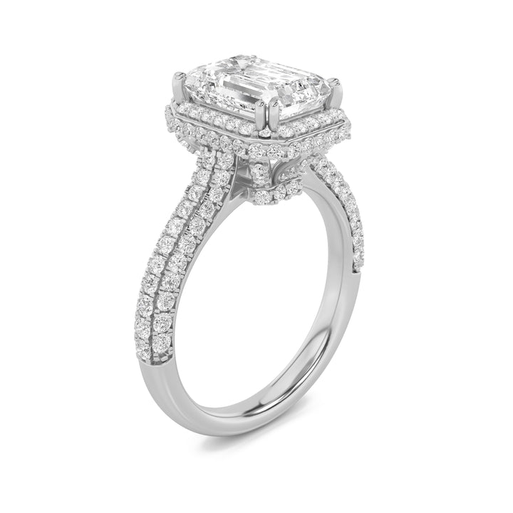 3Cttw Emerald Shaped Lab Grown Diamond (F/VS) Halo Accented Engagement Ring in 14K Gold