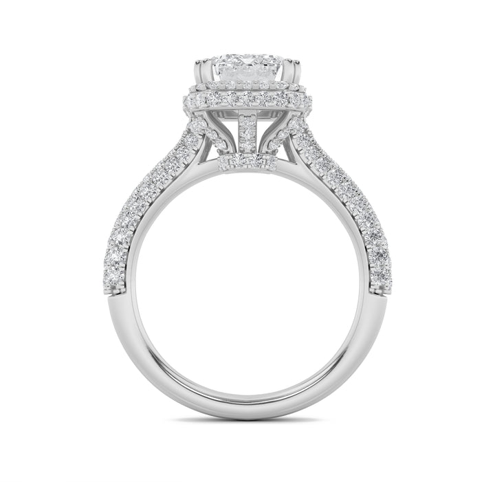 3Cttw Emerald Shaped Lab Grown Diamond (F/VS) Halo Accented Engagement Ring in 14K Gold