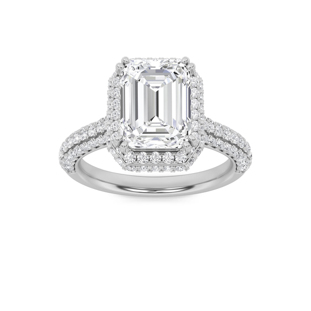 3Cttw Emerald Shaped Lab Grown Diamond (G/VS) Halo Accented Engagement Ring in 14K Gold