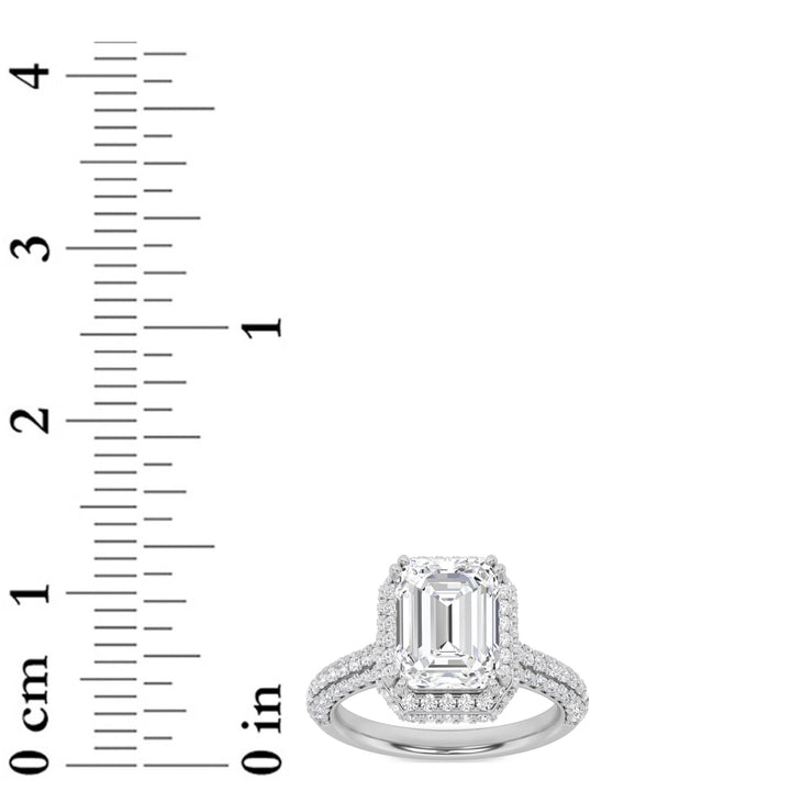 3Cttw Emerald Shaped Lab Grown Diamond (G/VS) Halo Accented Engagement Ring in 14K Gold