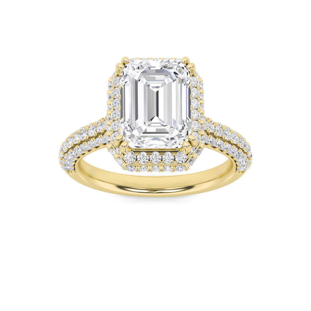 3Cttw Emerald Shaped Lab Grown Diamond (F/VS) Halo Accented Engagement Ring in 14K Gold