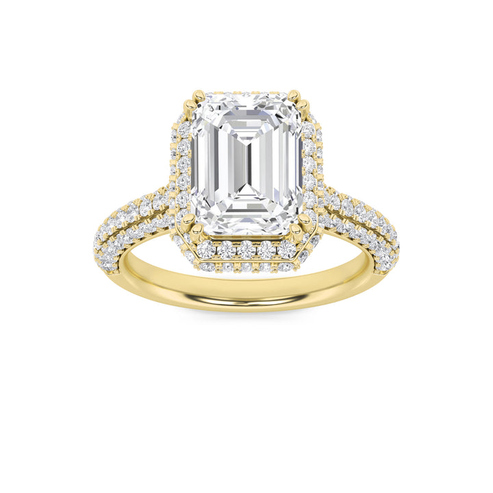 3Cttw Emerald Shaped Lab Grown Diamond (F/VS) Halo Accented Engagement Ring in 14K Gold