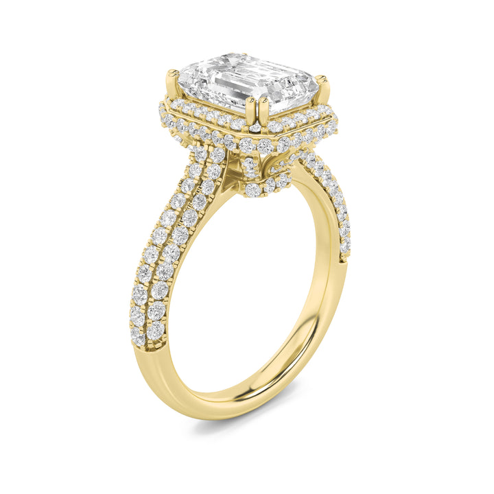 3Cttw Emerald Shaped Lab Grown Diamond (F/VS) Halo Accented Engagement Ring in 14K Gold