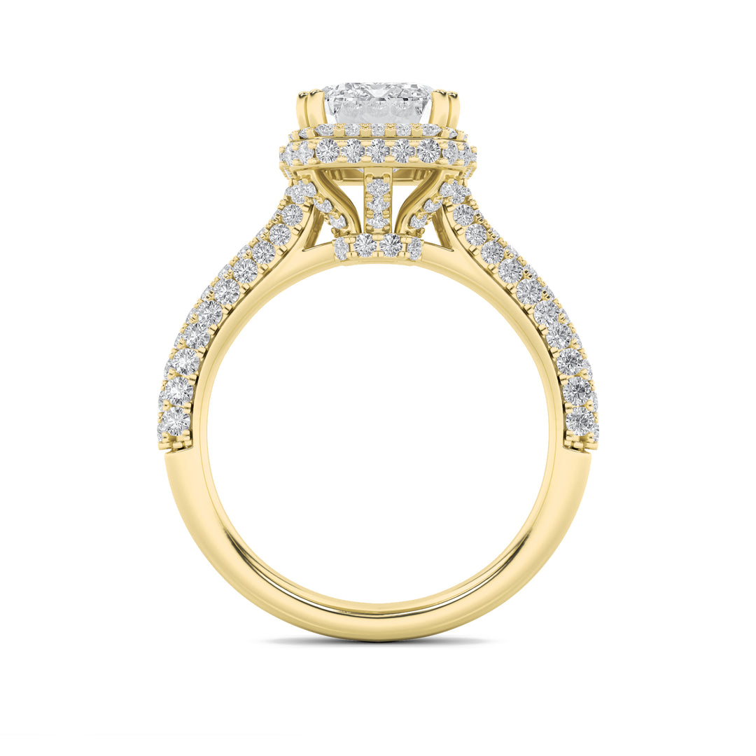 3Cttw Emerald Shaped Lab Grown Diamond (F/VS) Halo Accented Engagement Ring in 14K Gold