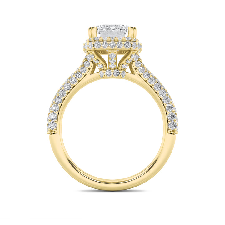 3Cttw Emerald Shaped Lab Grown Diamond (F/VS) Halo Accented Engagement Ring in 14K Gold