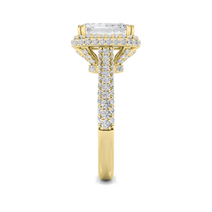 3Cttw Emerald Shaped Lab Grown Diamond (F/VS) Halo Accented Engagement Ring in 14K Gold
