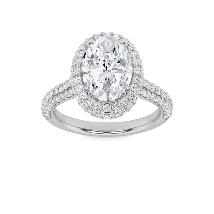 3Cttw Oval Shaped Lab Grown Diamond (F/VS) Halo Accented Engagement Ring in 14K Gold