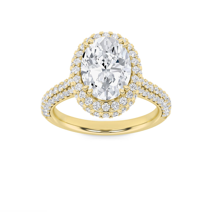 3Cttw Oval Shaped Lab Grown Diamond (G/VS) Halo Accented Engagement Ring in 14K Gold
