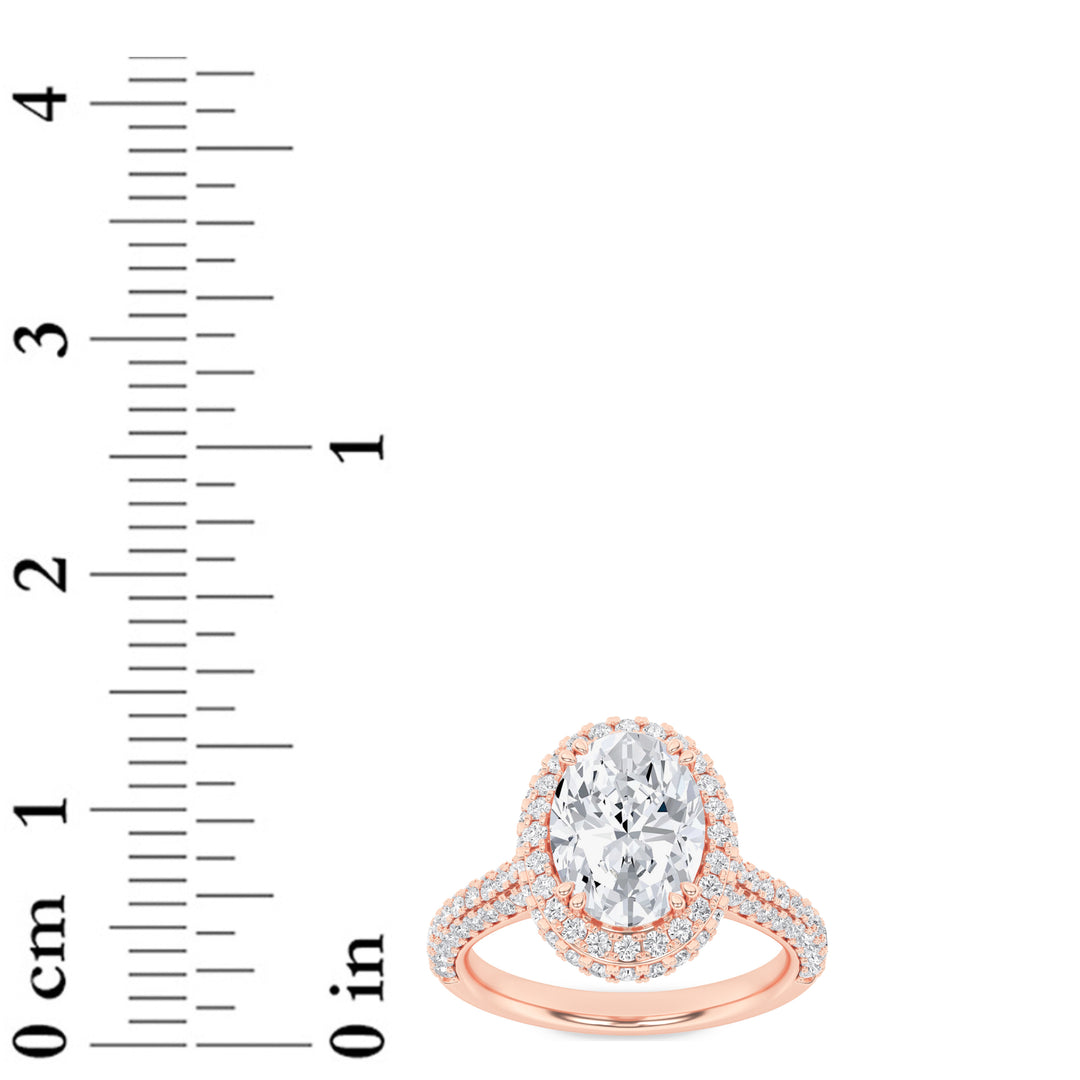3Cttw Oval Shaped Lab Grown Diamond (F/VS) Halo Accented Engagement Ring in 14K Gold