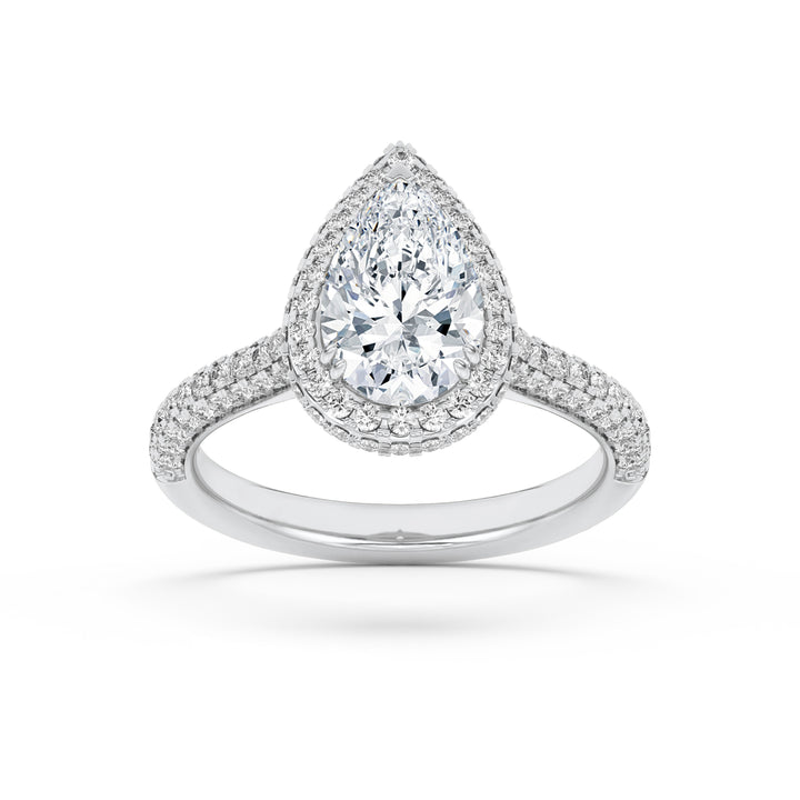 3Cttw Pear Shaped Lab Grown Diamond (F/VS) Halo Accented Engagement Ring in 14K Gold