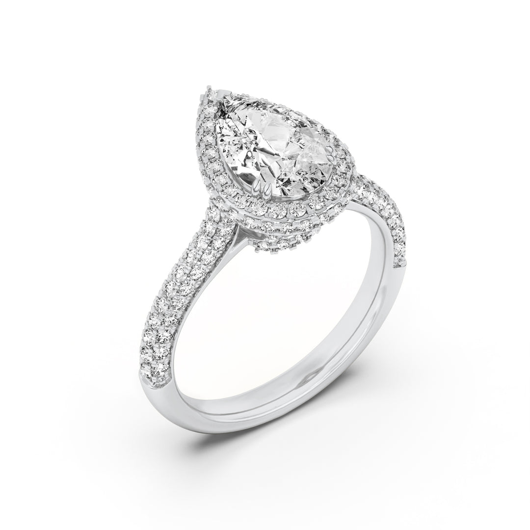 3Cttw Pear Shaped Lab Grown Diamond (F/VS) Halo Accented Engagement Ring in 14K Gold