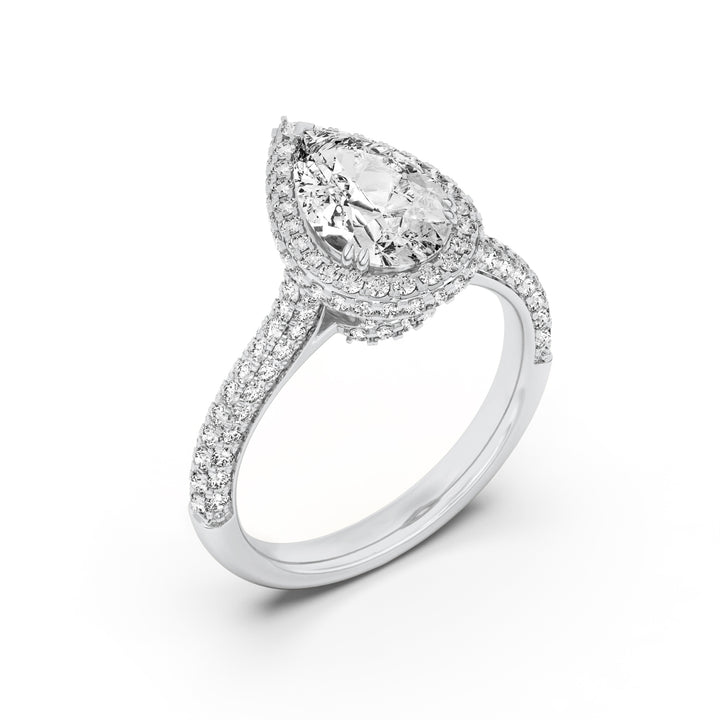 3Cttw Pear Shaped Lab Grown Diamond (F/VS) Halo Accented Engagement Ring in 14K Gold