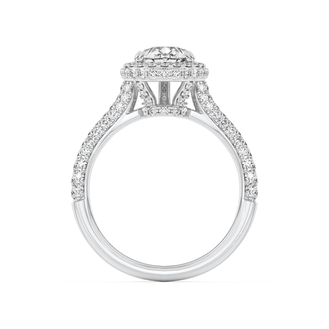 3Cttw Pear Shaped Lab Grown Diamond (F/VS) Halo Accented Engagement Ring in 14K Gold